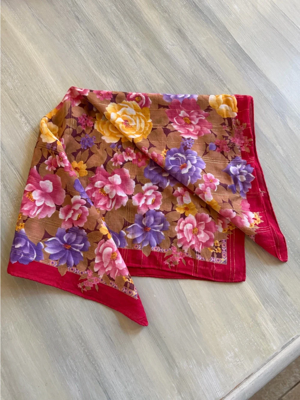Christian Dior Scarf Vibrant Multicolor Floral Print Gold Shimmer Bandanna